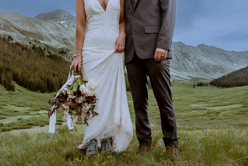 Bride and groom lake portraits Colorado elopement