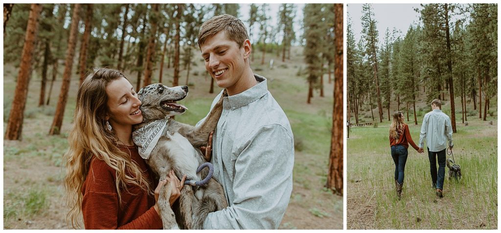 a couple in Idaho forrest holding their puppy