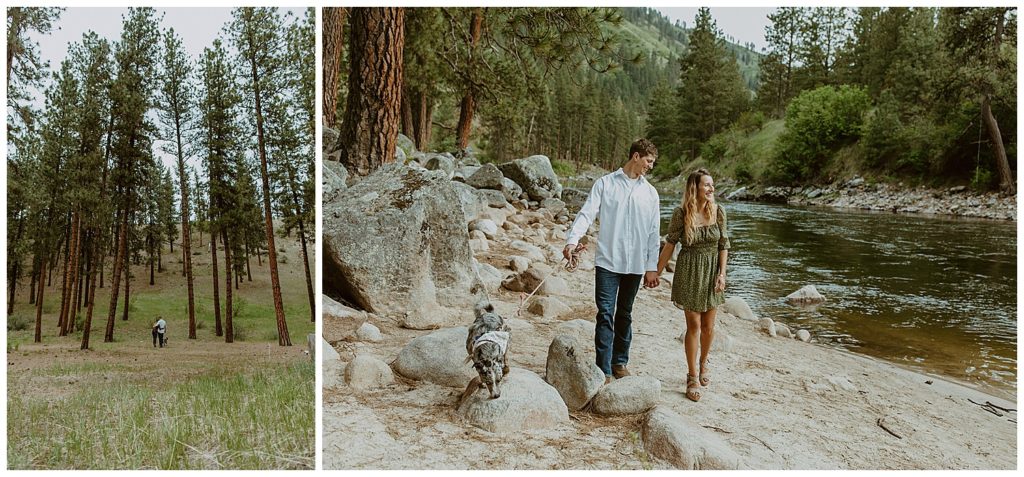 A couple walking around holding hands in the Idaho mountains with their dog