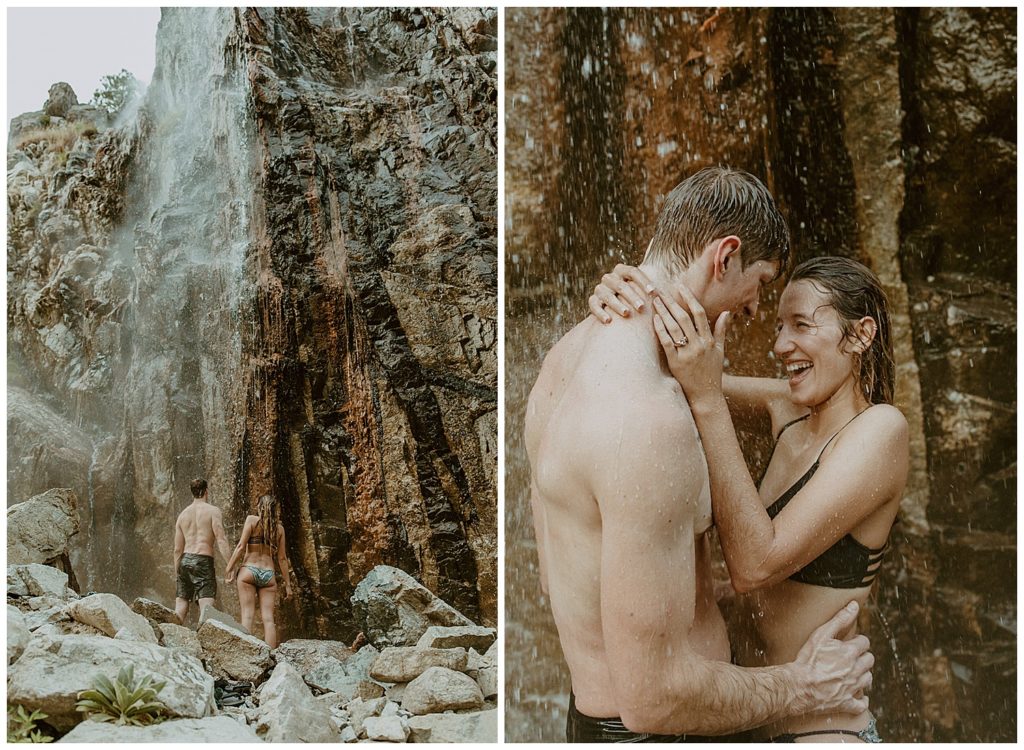 A couple in the Idaho Hot Springs laughing and looking at each other
