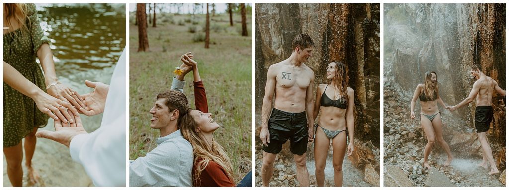 a combination of 4 photos of a couple in the idaho hot springs having fun and laughing